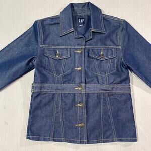 Gap Denim Jacket Girls Large Small Blue Dark Wash Safari Peplum Contrast Stitch